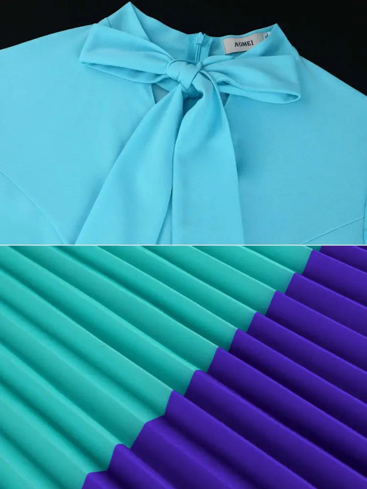 Color Block Mock Neck Bowtie Short Sleeve Pleated Dress
