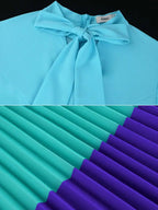 Color Block Mock Neck Bowtie Short Sleeve Pleated Dress
