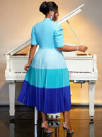 Color Block Mock Neck Bowtie Short Sleeve Pleated Dress