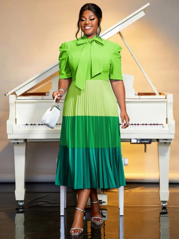 Color Block Mock Neck Bowtie Short Sleeve Pleated Dress