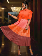 Color Block Mock Neck Bowtie Short Sleeve Pleated Dress