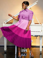 Color Block Mock Neck Bowtie Short Sleeve Pleated Dress