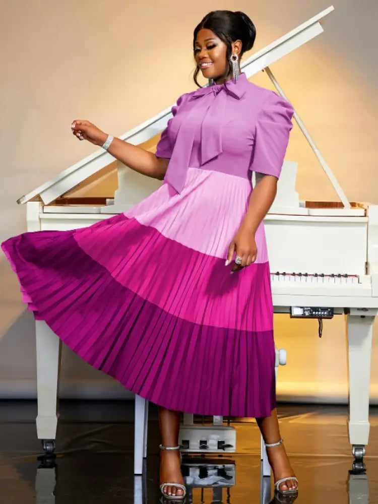 Color Block Mock Neck Bowtie Short Sleeve Pleated Dress