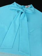 Color Block Pleated Dress Mock Neck Bowtie Short Sleeves