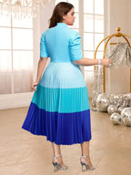 Color Block Pleated Dress Mock Neck Bowtie Short Sleeves