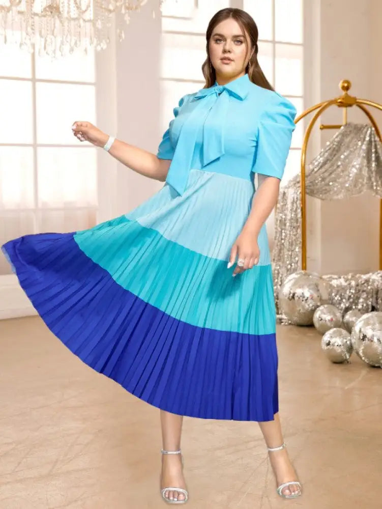 Color Block Pleated Dress Mock Neck Bowtie Short Sleeves