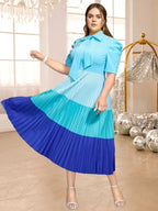 Color Block Pleated Dress Mock Neck Bowtie Short Sleeves