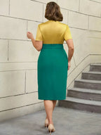 Colorblock Short Sleeve Gold Two Piece Set for Women