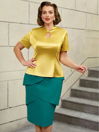 Colorblock Short Sleeve Gold Two Piece Set for Women