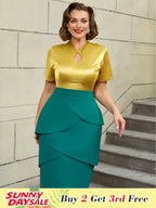 Colorblock Short Sleeve Gold Two Piece Set for Women