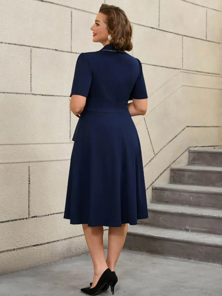Colorblock Trim Collar A Line Dress Short Sleeve 50s Style Navy Blue Dress