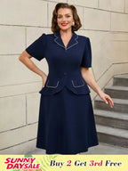 Colorblock Trim Collar A Line Dress Short Sleeve 50s Style Navy Blue Dress