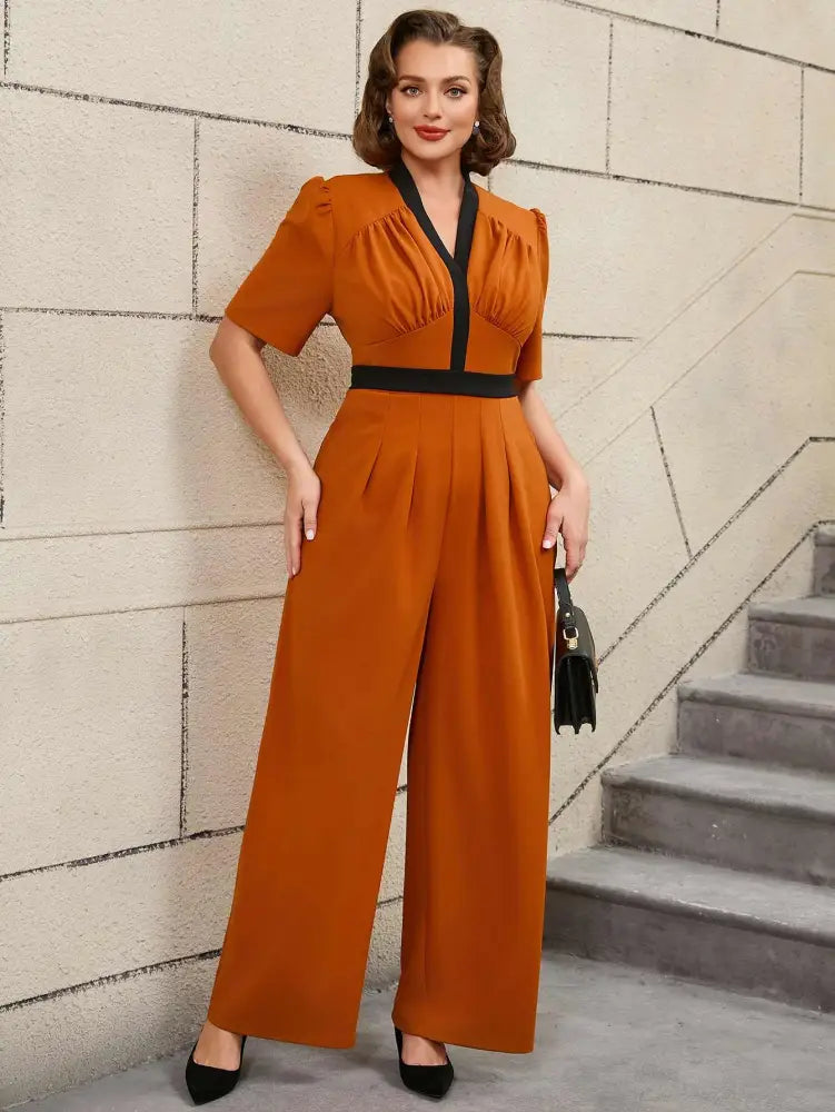 Colorblock V Neck Short Sleeve Wide Leg Jumpsuit Brown