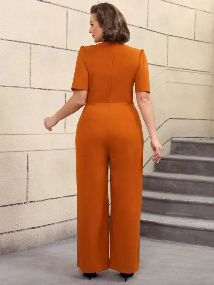 Colorblock V Neck Short Sleeve Wide Leg Jumpsuit Brown