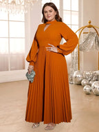 Crew Neck Cut Out Halter Long Lantern Sleeve Pleated Dress