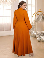Crew Neck Cut Out Halter Long Lantern Sleeve Pleated Dress