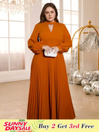 Crew Neck Cut Out Halter Long Lantern Sleeve Pleated Dress