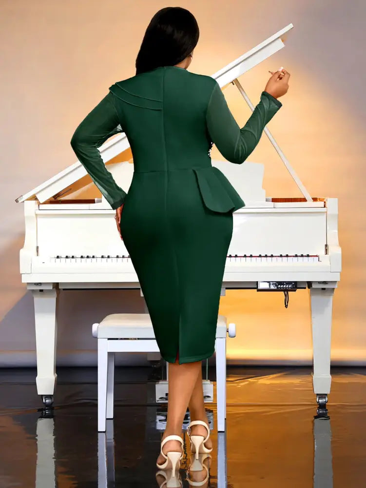 Crew Neck Dress Sheer Long Sleeve Peplum Waist Midi