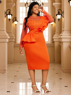 Crew Neck Dress Sheer Long Sleeve Peplum Waist Midi