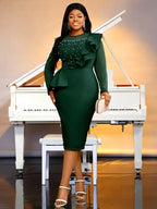 Crew Neck Dress Sheer Long Sleeve Peplum Waist Midi