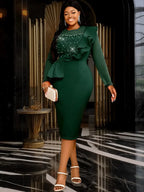 Crew Neck Dress Sheer Long Sleeve Peplum Waist Midi