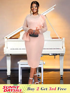 Crew Neck Dress Sheer Long Sleeve Peplum Waist Midi