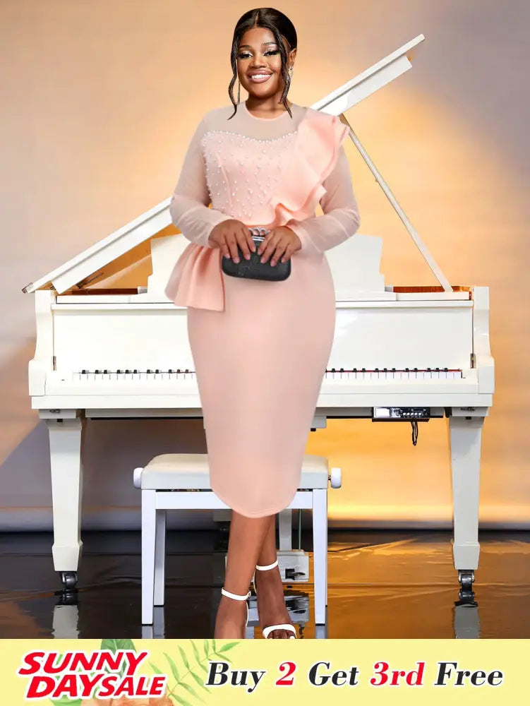 Crew Neck Dress Sheer Long Sleeve Peplum Waist Midi