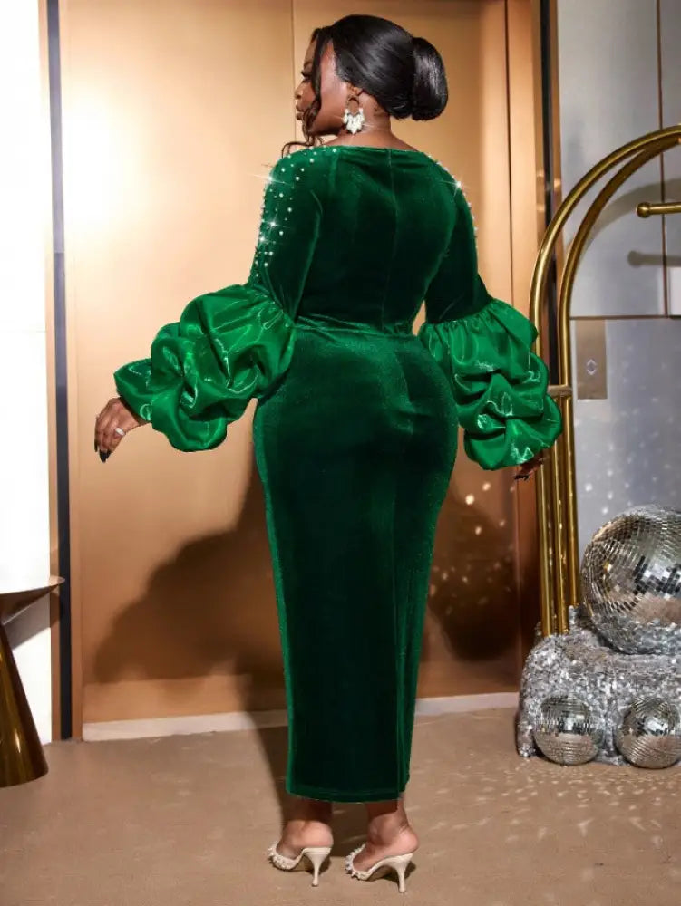 Dark Green Velvet Dress O Neck Beading Long Lantern Sleeve