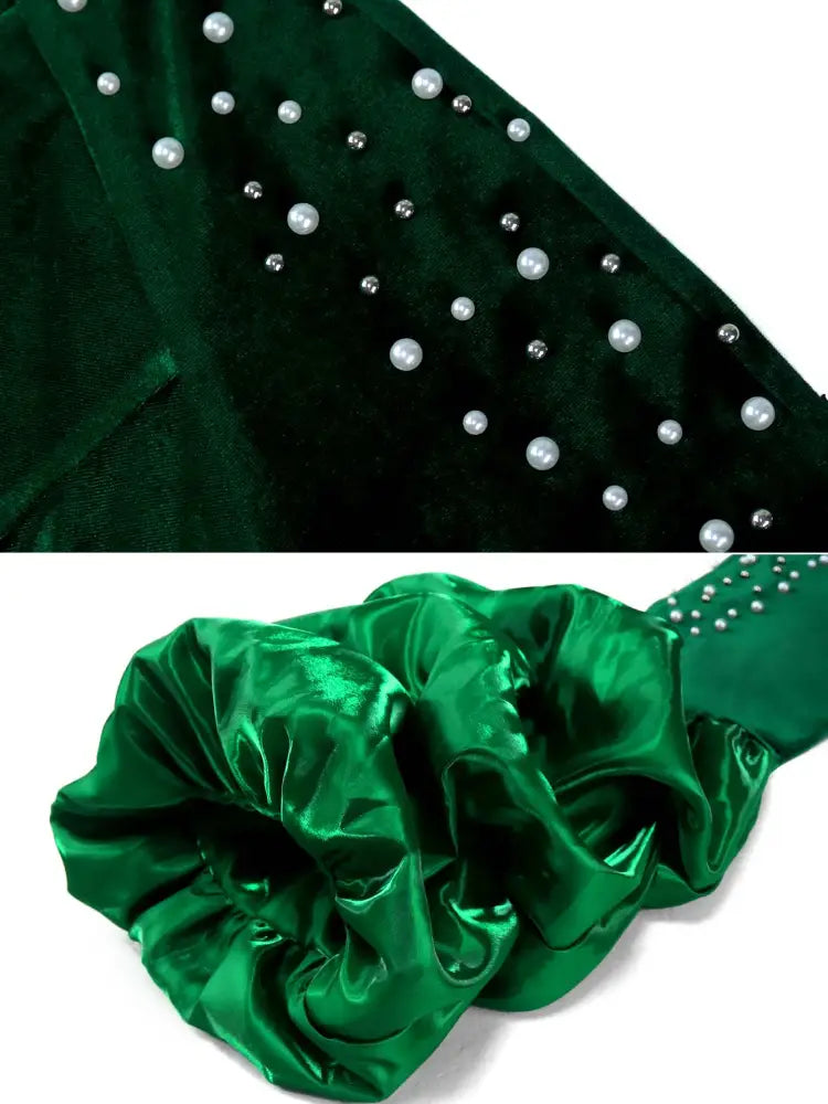 Dark Green Velvet Dress O Neck Beading Long Lantern Sleeve
