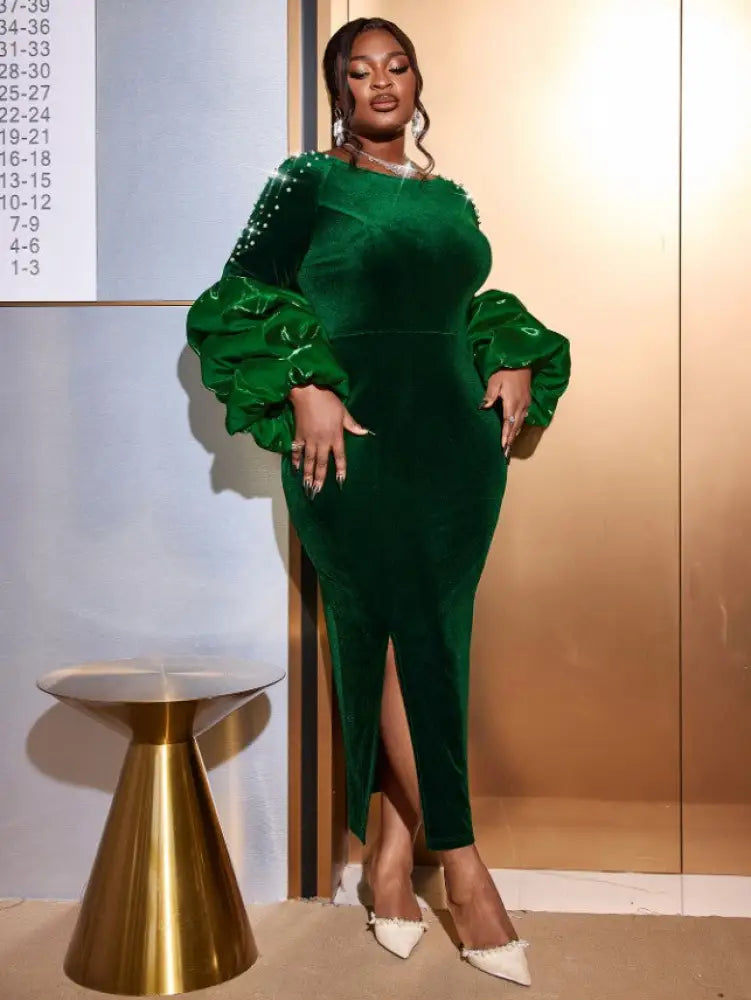 Dark Green Velvet Dress O Neck Beading Long Lantern Sleeve