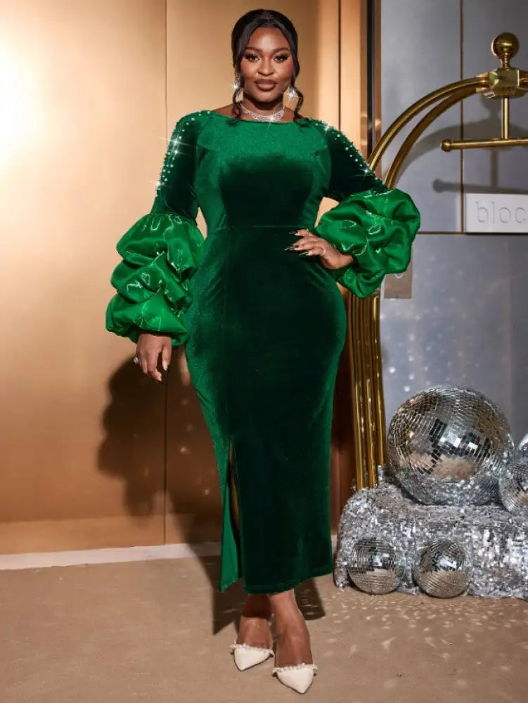 Dark Green Velvet Dress O Neck Beading Long Lantern Sleeve