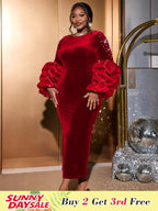 Dark Green Velvet Dress O Neck Beading Long Lantern Sleeve