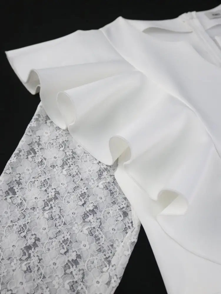 Dress for Wedding Reception Long Sleeve Ruffle Trim Lace Knit Patchwork Gown
