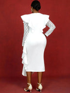 Dress for Wedding Reception Long Sleeve Ruffle Trim Lace Knit Patchwork Gown