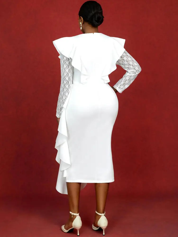 Dress for Wedding Reception Long Sleeve Ruffle Trim Lace Knit Patchwork Gown