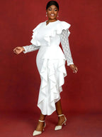 Dress for Wedding Reception Long Sleeve Ruffle Trim Lace Knit Patchwork Gown