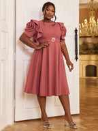 Elegant A Line Dress O Neck 3D Flower Sleeve High Waist