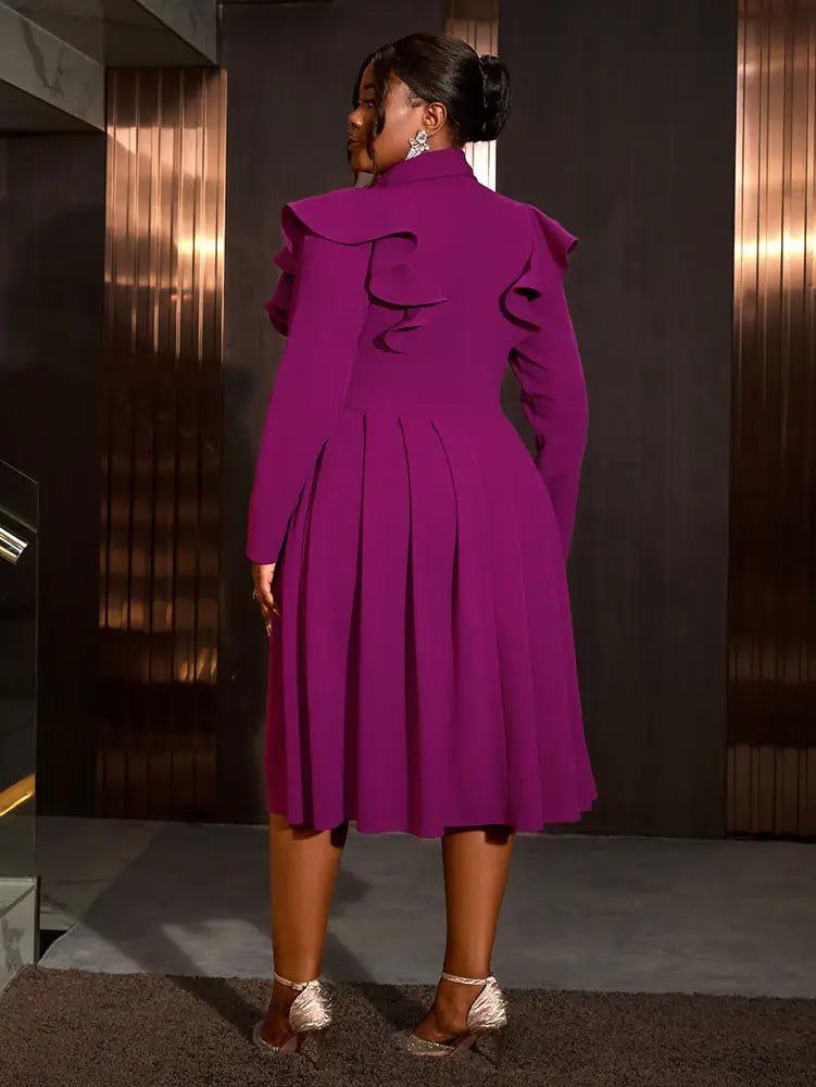 Elegant A Line Turn Down Collar Ruffles Midi Dresses