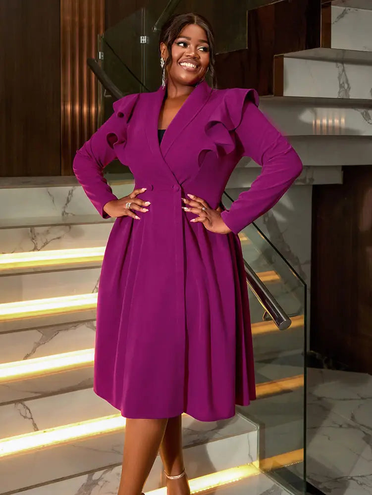 Elegant A Line Turn Down Collar Ruffles Midi Dresses