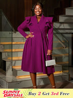 Elegant A Line Turn Down Collar Ruffles Midi Dresses