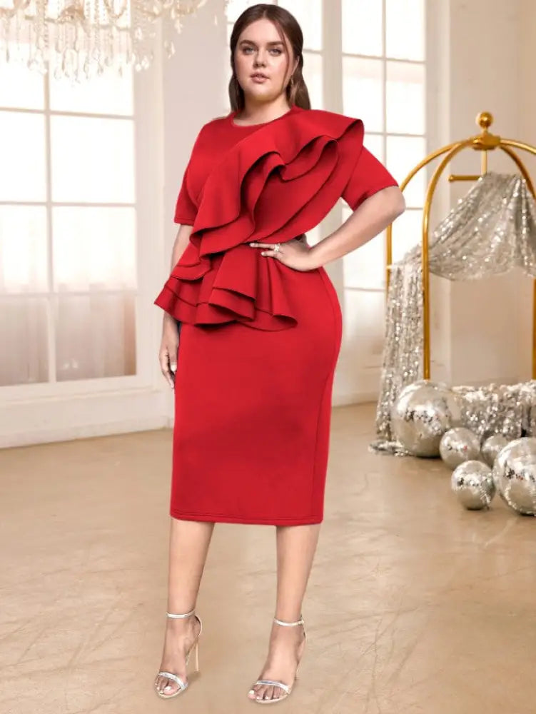 Elegant Dress O Neck Ruffle Peplum Half Sleeve Package Hip