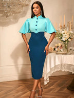 Elegant Formal Party Midi Dress Half High Collar Patchwork