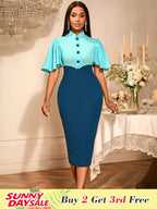 Elegant Formal Party Midi Dress Half High Collar Patchwork