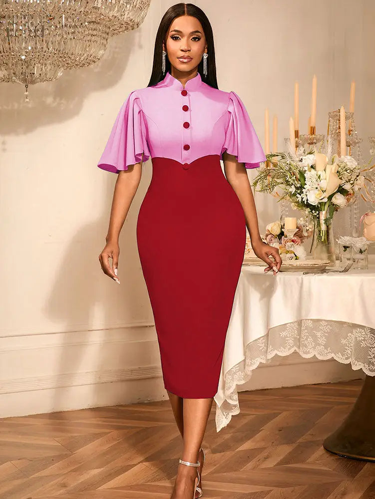 Elegant Formal Party Midi Dress Half High Collar Patchwork