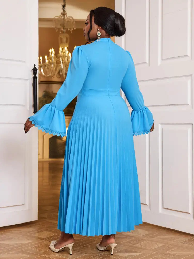Elegant Maxi Church Dress with Pleat Lace Stand Collar