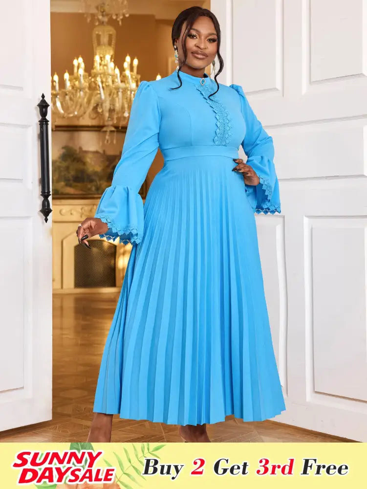 Elegant Maxi Church Dress with Pleat Lace Stand Collar