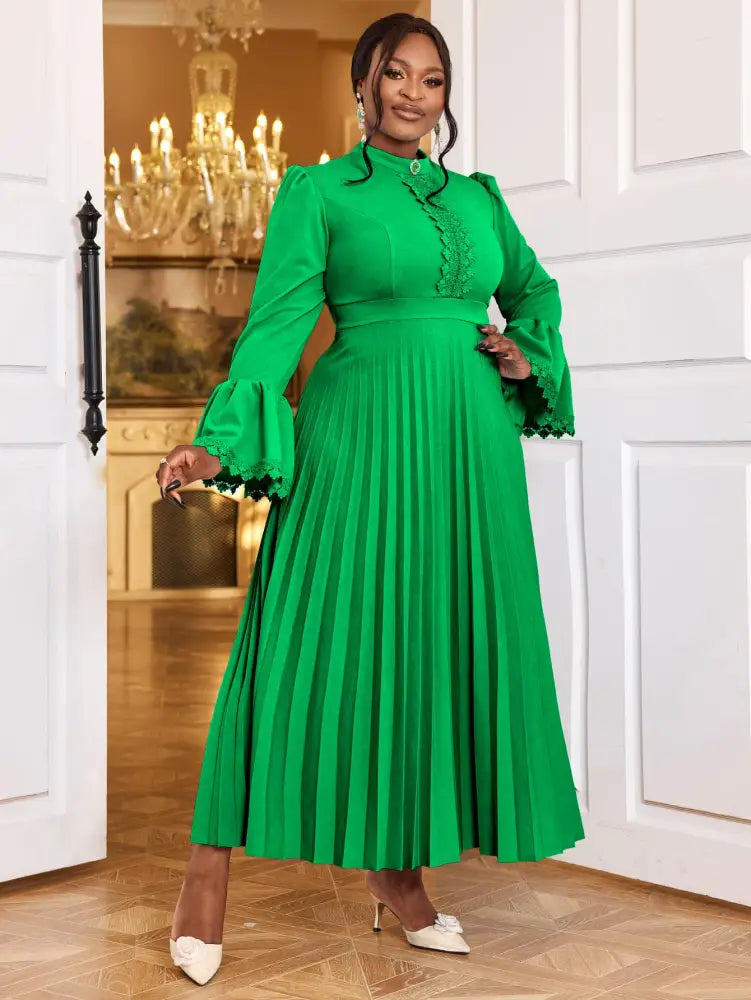 Elegant Maxi Church Dress with Pleat Lace Stand Collar