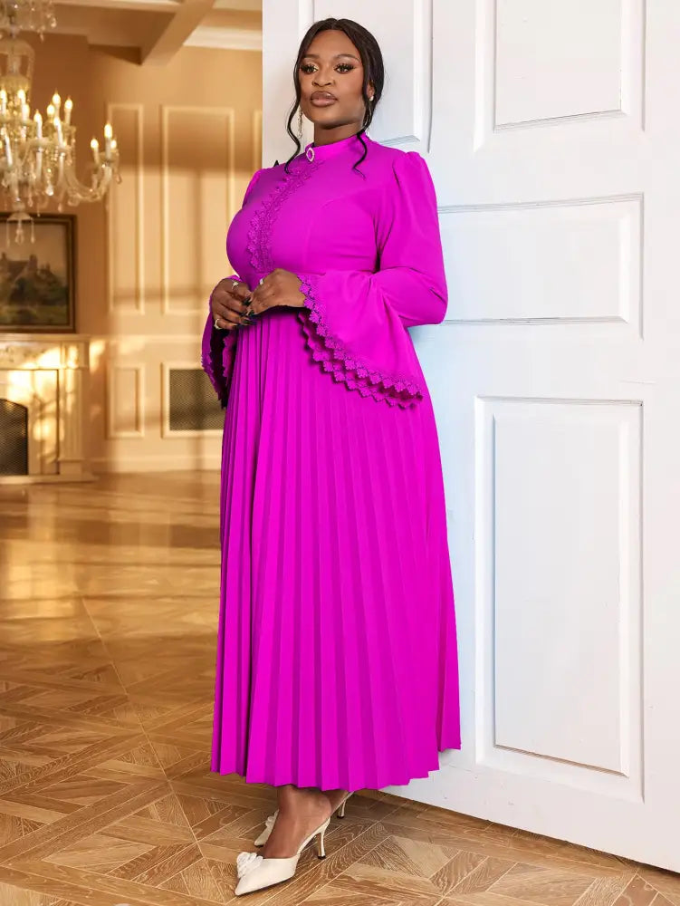 Elegant Maxi Church Dress with Pleat Lace Stand Collar