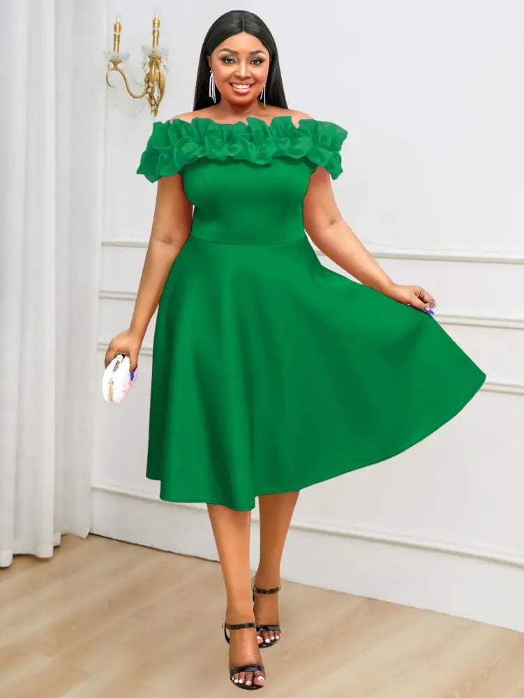 Elegant Mesh Patchwork Ruffles Off Shoulder A Line Dress