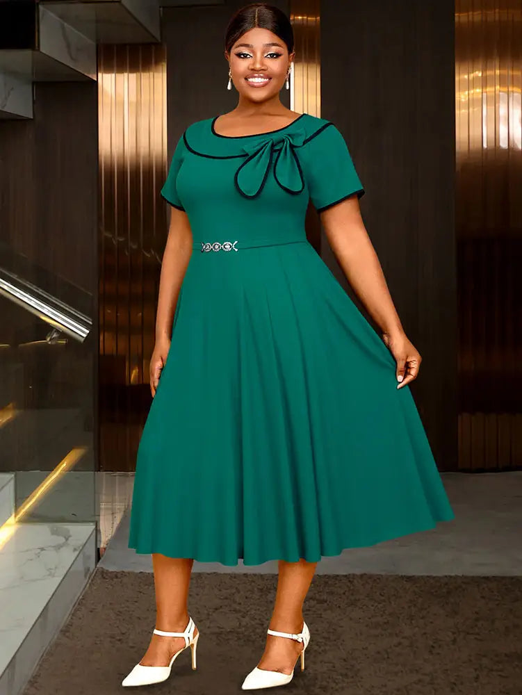Elegant Midi A Line Church Dress O Neck With Bow Pleated